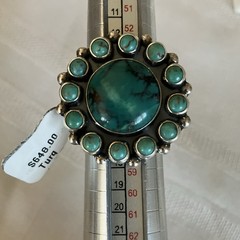 Dark Green Turquoise Bezel Set Cluster Setting Size 7.5 Ring 1.25” wide Sterling