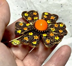 Vtg Signed *ART Arthur Pepper Orange-Yellow Enamel Flower Brooch W/Clip Ons Set
