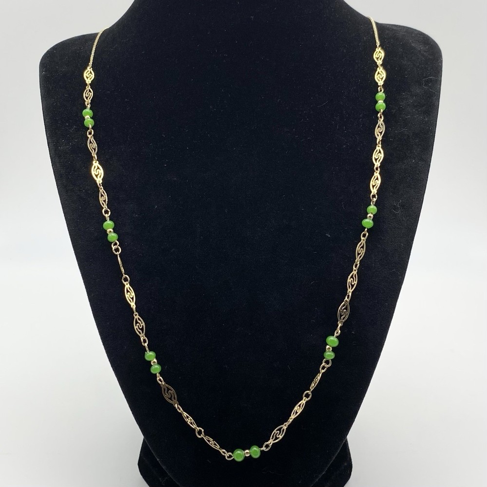 Vintage Station Necklace Faux Jade Beads Filigree Links Gold Tone Chain 32”