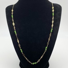 Vintage Station Necklace Faux Jade Beads Filigree Links Gold Tone Chain 32”