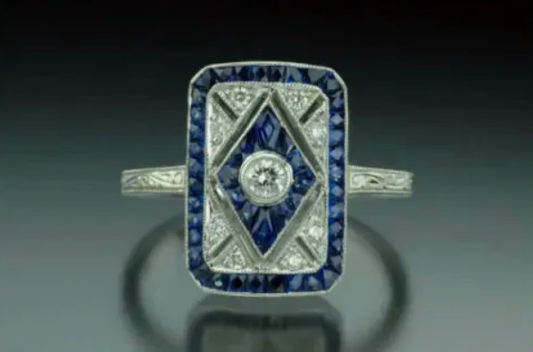 Art Deco Style 1.00Ct Lab-Created Diamond & Sapphire Ring 14K White Gold Finish