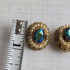 West German Filigree Blue AB Rhinestone Faux Pearl Clip On Earrings READ