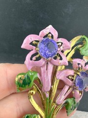Vintage Pot Metal Gold Tone Brooch Purple Enamel Flower Rhinestone