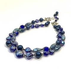 Vintage TRIFARI Cobalt Blue Glass Bead Necklace 2 Tier Peacock Iridescent Silver
