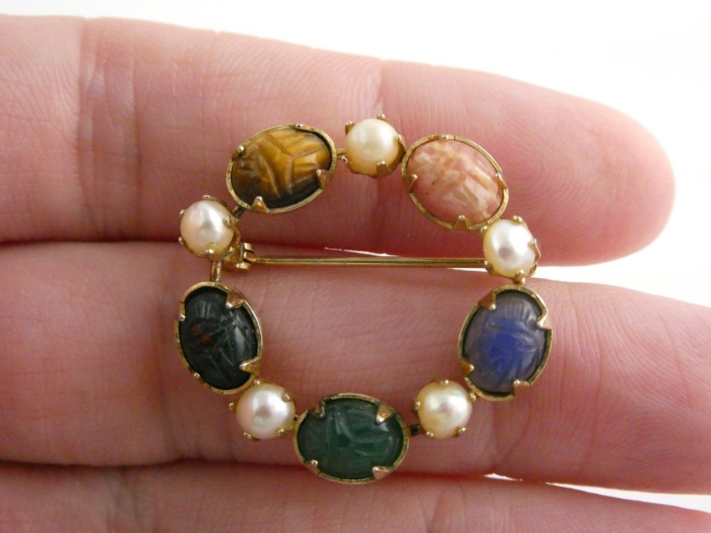 Vintage 1/20th 12k Gold Fill Faux Pearl and Semi Precious Gem Scarabs Circle Pin