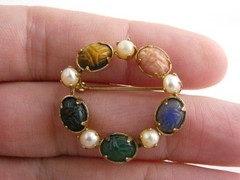 Vintage 1/20th 12k Gold Fill Faux Pearl and Semi Precious Gem Scarabs Circle Pin