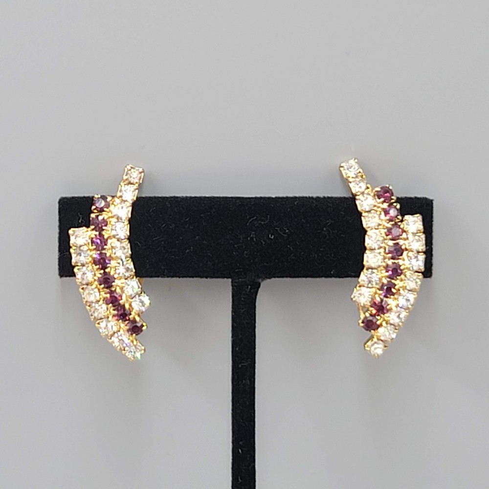 Vintage Climber Purple Rhinestone Clip on Earrings Gold tone 1.5″