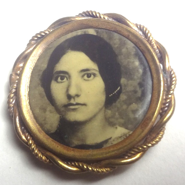 c1890’s ANTIQUE MOURNING PIN with CLASSIC CELLULOID PHOTO in ORNATE BRASS & GOLD