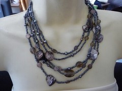 LIA SOPHIA 5 STRANDS GRAY SEED BEADS w CRYSTALS & ABALONE NECKLACE #23/18A