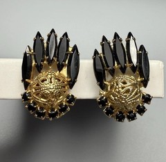 Juliana D&E Clip On Earrings Black Gold Filigree Navette VTG Book Piece Ref 5747