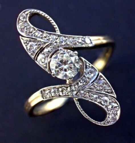 1.00 Ct White Diamond Art Deco Antique Vintage Ring 14K Yellow Gold Finish