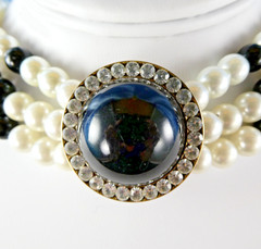 Vintage Faux Pearl Necklace Black White Beaded Multi Strand w/ Crystals