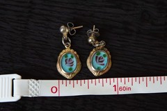 Vintage Art Deco Style Sky Blue Guilloche Enameled Floral Motif Dangle Earrings