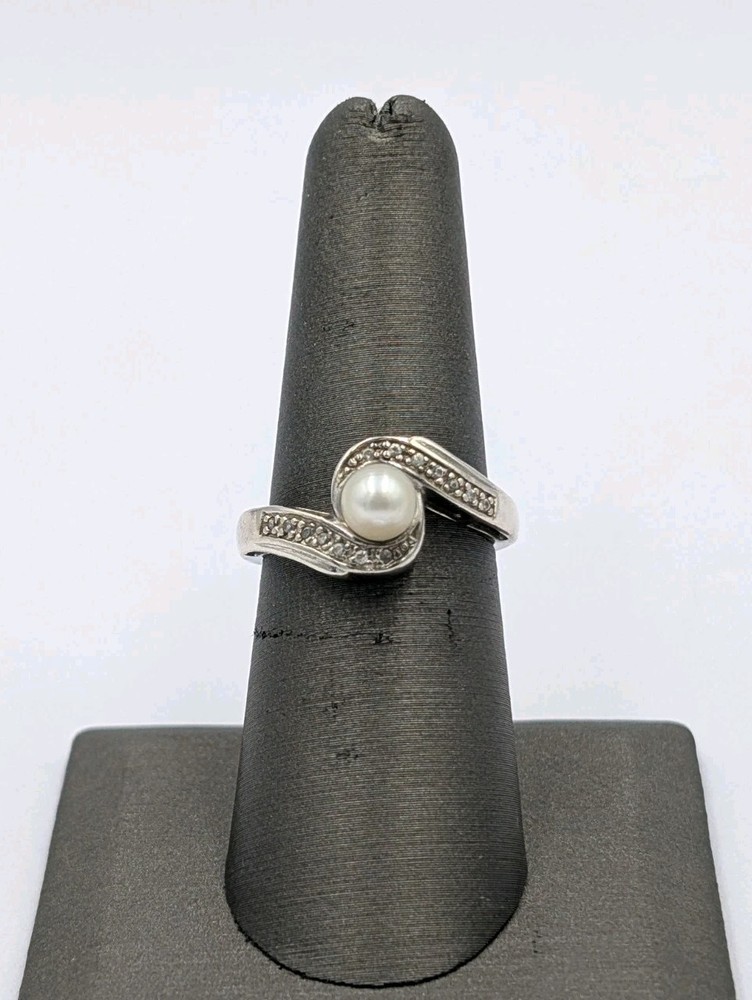 Nevada Silver Mines Vtg Sterling Silver Pearl & White Topaz Bypass 925 Ring Sz 7