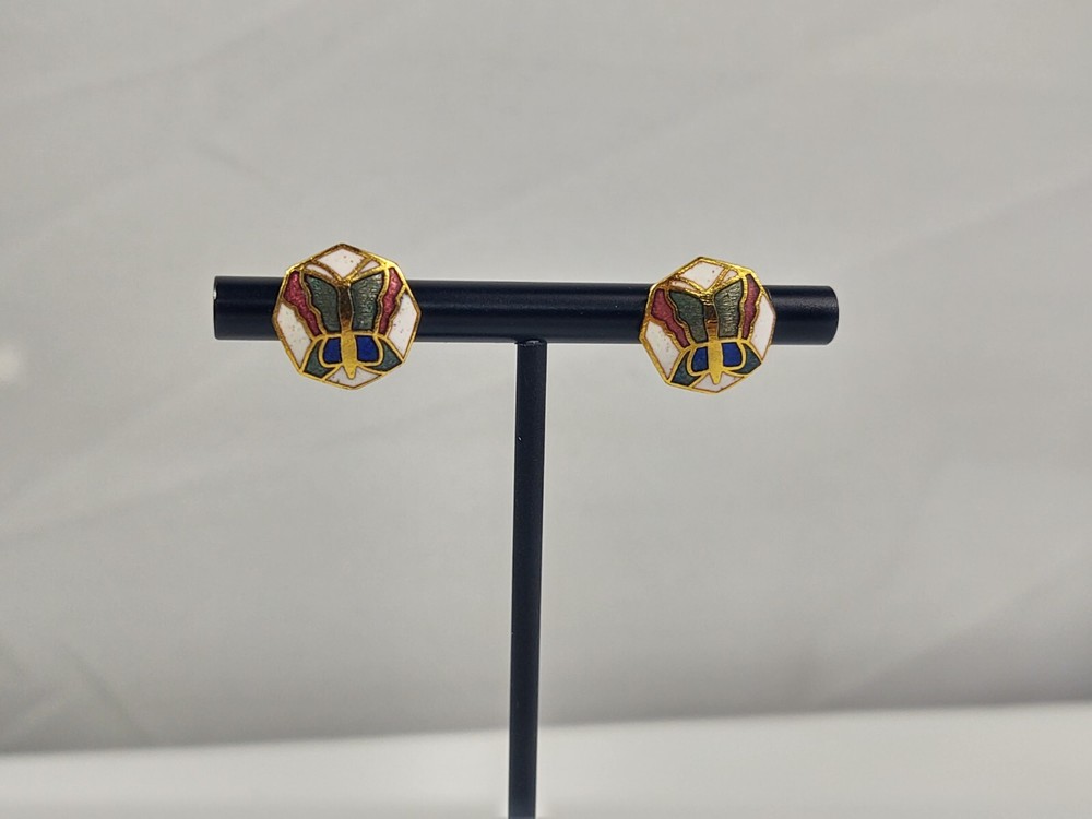 Pierced Earrings Gold Tone Multicolor Enamel Butterfly Costume Jewelry Vintage