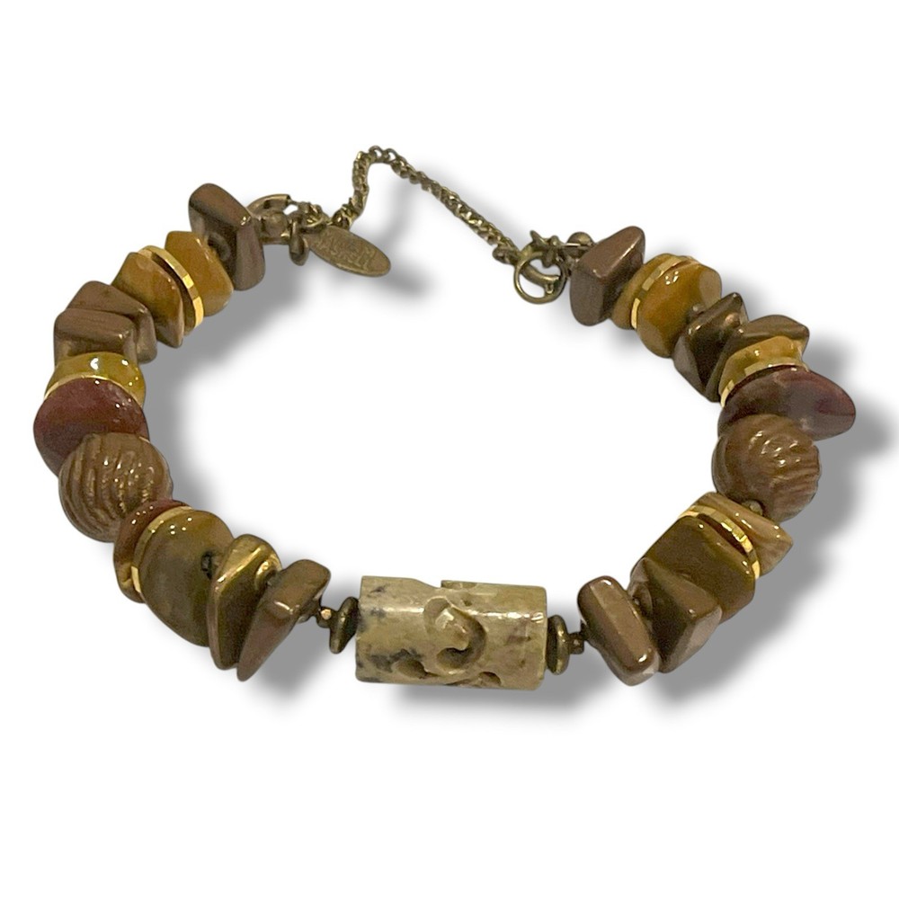 Miriam Haskell Bracelet Agate Stone Honey Brown Gilt Gold Spacers Quartz Vtg 70s
