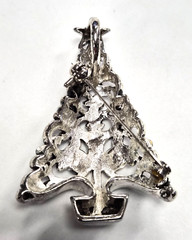 Estate Silver Tone & Rhinestone Christmas Tree Open Scroll Pendant Pin / Brooch