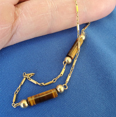 Vintage 14K GOLD Art Deco Tiger eye Statement Necklace Unique Antique Chain 28″