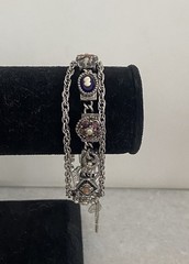 Vintage Judy Lee Silver Triple Link Victorian Revival Bracelet Cameo Rhinestone