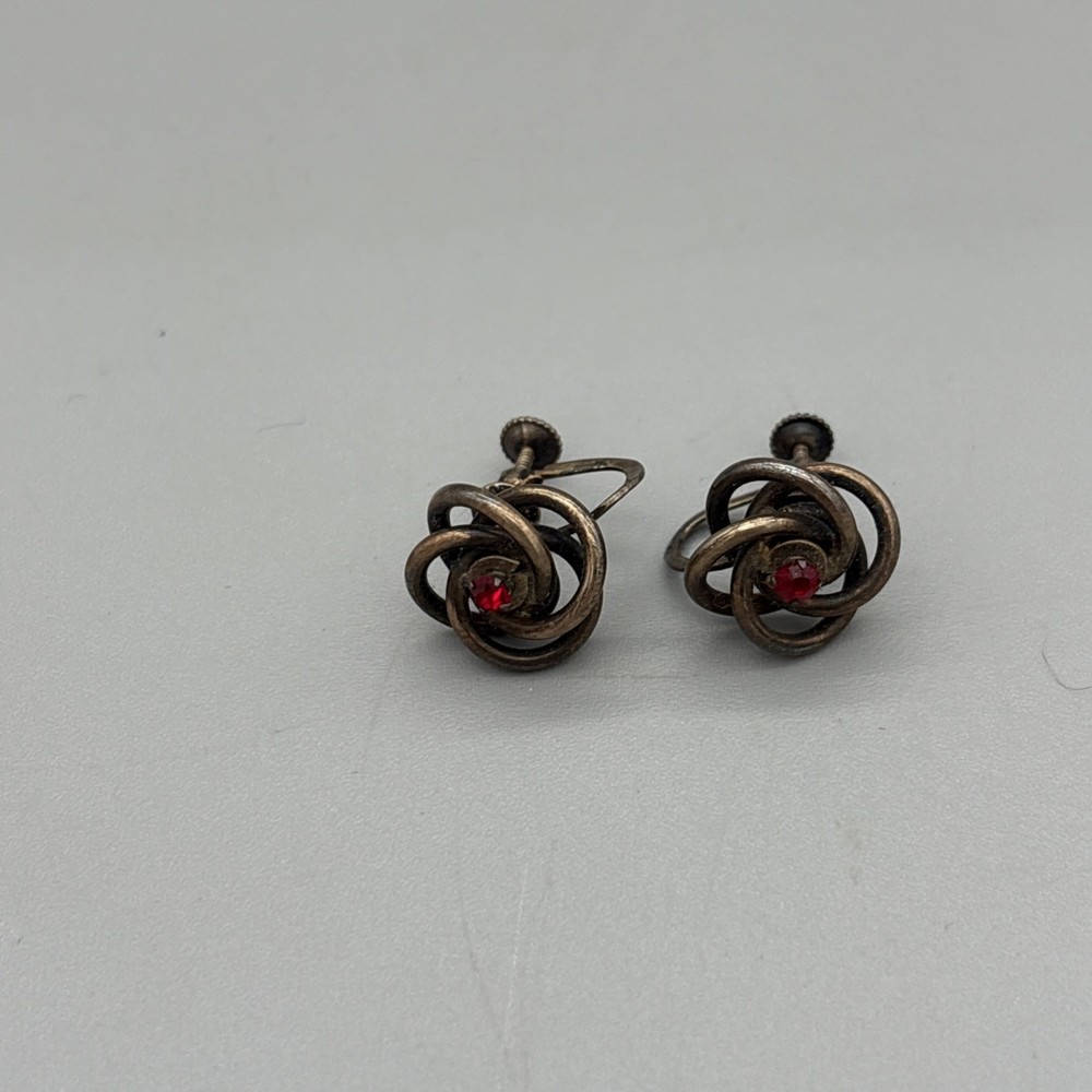 Vintage Twisted Rope 1/20 10K Red Rhinestone Clip Screw Back Earrings .75″