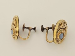 Antique Art Nouveau Repousse Gold Filled Opaline Glass? Screwback Earrings