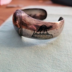Midcentury Modern Middle East Silver & Niello Picture Bracelet Palms Camel Boat