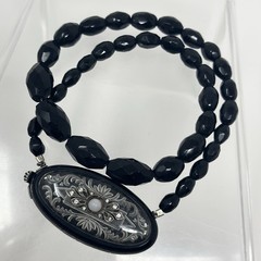 Vintage Art Deco 14” Black Glass French Jet Beaded Ornate Silver Tone Necklace