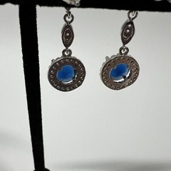 Drop/Dangle Earrings Vintage Dark Blue Round Stone 1” x 0.5” Silver
