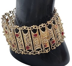 Vintage Italian 800 Silver Gold Plated Filigree Panel Bracelet 7.25″ Red Enamel
