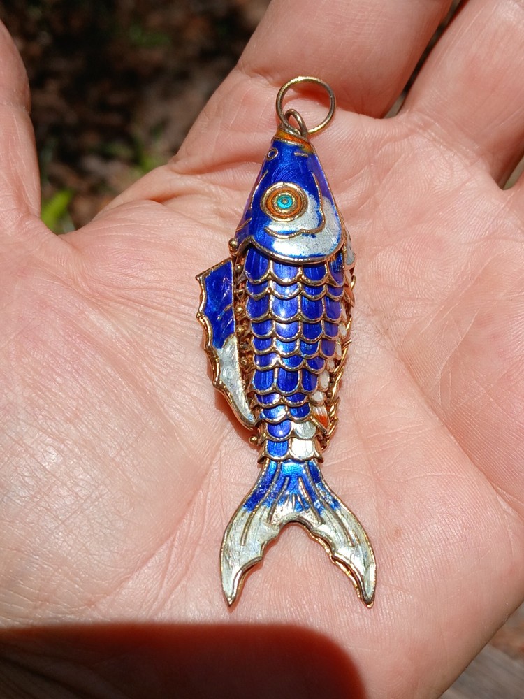 Vintage Enamel Articulated Fish Large Pendant Charm Blue & Silver Gold Tone 3″
