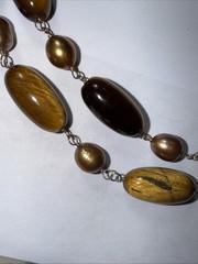Necklace 2 Strand Tiger’s Eye Cultured Pearl Vermeil Toggle Clasp Vintage Unused