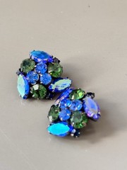 Vintage Signed KRAMER Blue & Green Spray Brooch & Earring Set, Gunmetal Set