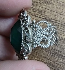 Vintage Silver Tone Costume Rhinestone Green Plastic Stone Ring Adjustable J33