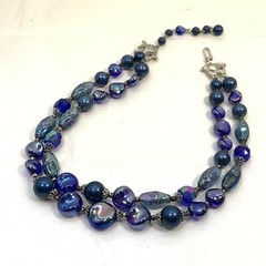 Vintage TRIFARI Cobalt Blue Glass Bead Necklace 2 Tier Peacock Iridescent Silver