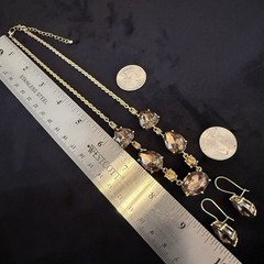 Vtg Avon Goldtone Necklace Earring Set Faux Smokey Topaz Pear Oval Facet Stone U