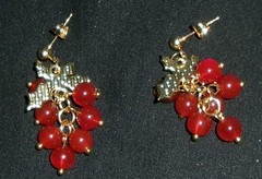 Vintage Holly Leaf Berries Earrings-Enamel Red Beads-Dangle Pierced