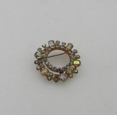 Vintage Crystal AB Rhinestone Wreath Circle Brooch Gold Tone A3
