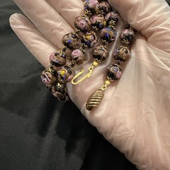 Vintage Knotted Wedding Cake Glass Bead Necklace Pink Black Gold Sparkle 23 Inch