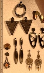 VTG Costume Jewelry Pierced Earrings Lot Studded Leather Wood Tri-toned Metal
