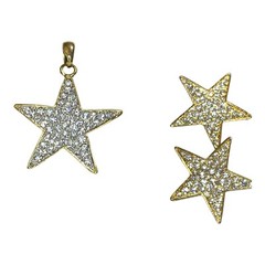 Pave Crystal Rhinestone Goldtone Star Pendant *NO CHAIN* & Clip On Earrings VTG