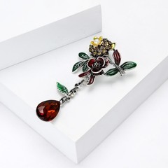 Vintage Enamel Flower Brooch Red Teardrop Dangle Lapel Pin Floral Leaf Jewelry