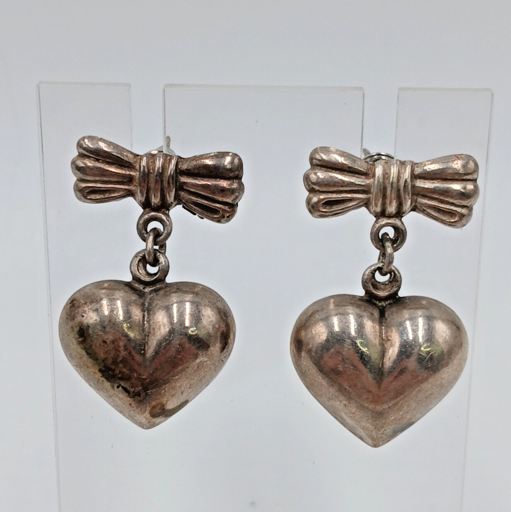 VTG Unsigned Heart Bow Earrings 1in Sterling Silver 5g Dangle Romantic Estate
