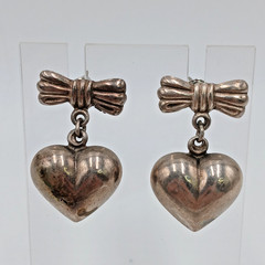 VTG Unsigned Heart Bow Earrings 1in Sterling Silver 5g Dangle Romantic Estate
