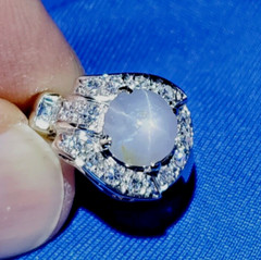 EARTH MINED STAR SAPPHIRE DIAMOND ART Deco Engagement Ring SOLID 14K WHITE GOLD