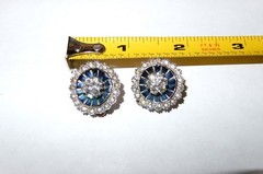 Vintage JOMAZ Signed Silvertone Rhinestone Clip On Earrings Blue/Clear