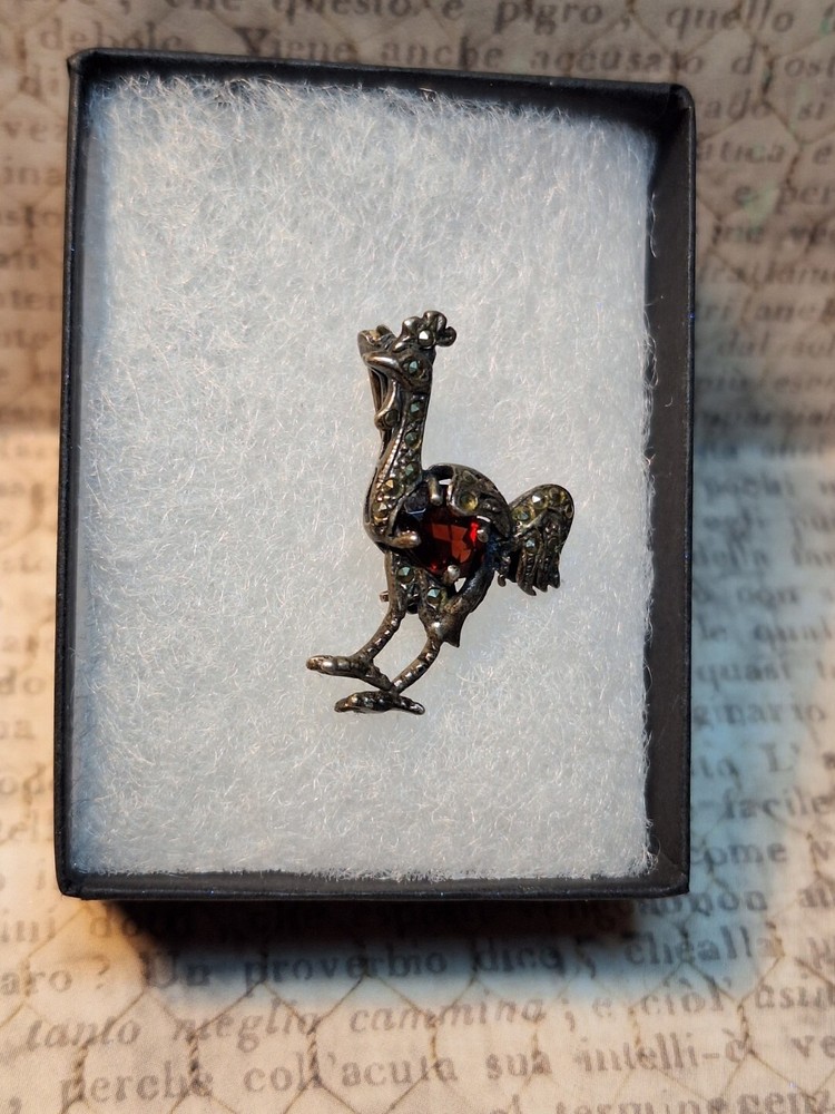 Small Sterling Markasite Rooster Chicken Brooch Pin