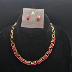 Anne Klein Gold Tone Pink Faux Snake Skin Necklace Earrings Set