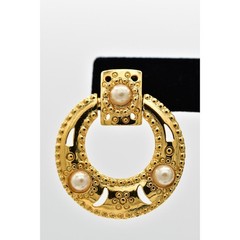 Vintage Dangle Earrings Gold Floral Pearl Door Knocker USA Made NOS 1980s 9M