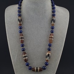 Vintage Tibetan Agate & Lapis Lazuli Necklace Zigzag Pattern Beads 22in