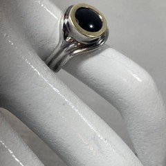 Vintage Two-Tone Sterling Silver & 14K Gold Black Onyx Bypass Ring Size 5 , 3.8g